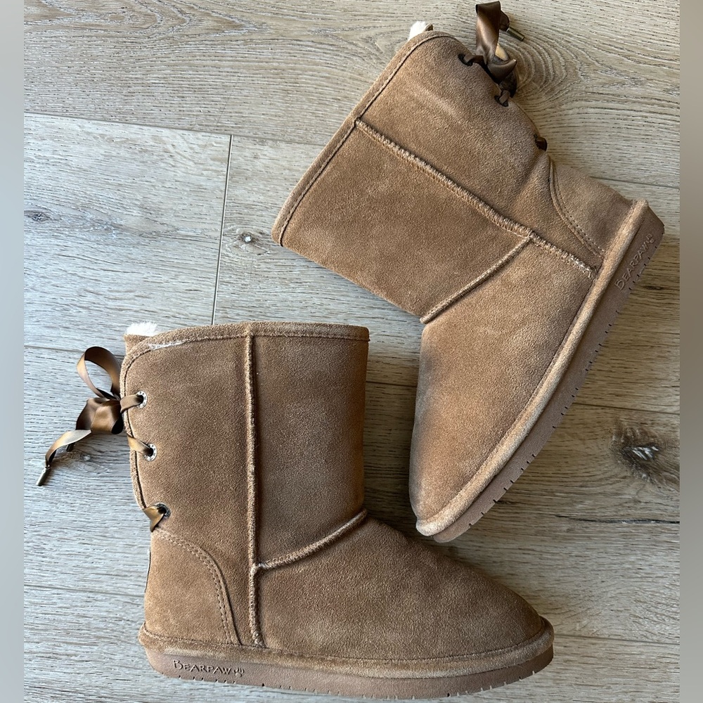 BearPaw Chestnut Brown Suede Ankle Boots with Ribbon Back